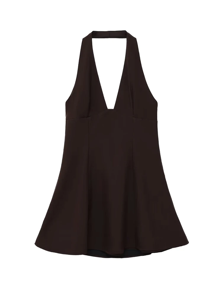 Frauen Sexy Braun Neckholder Kleid Backless Seite Zipper Mode Weibliche Vestidos Mujer