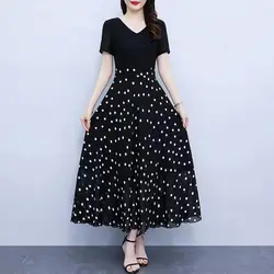 2024 Summer New Women's Commuter V-Neck Spliced Polka Dot Printed Elegant Luxury Slim Comfortable Short Sleeve A-Line Dresses