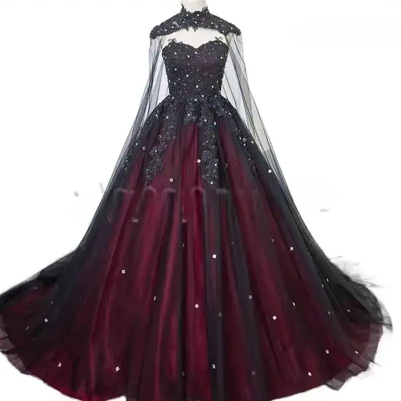 Готическое свадебное платье, черно-бордовое свадебное платье трапециевидной формы с длинной запахом, кружевными аппликациями, винтажное платье из бисера, по индивидуальному заказу