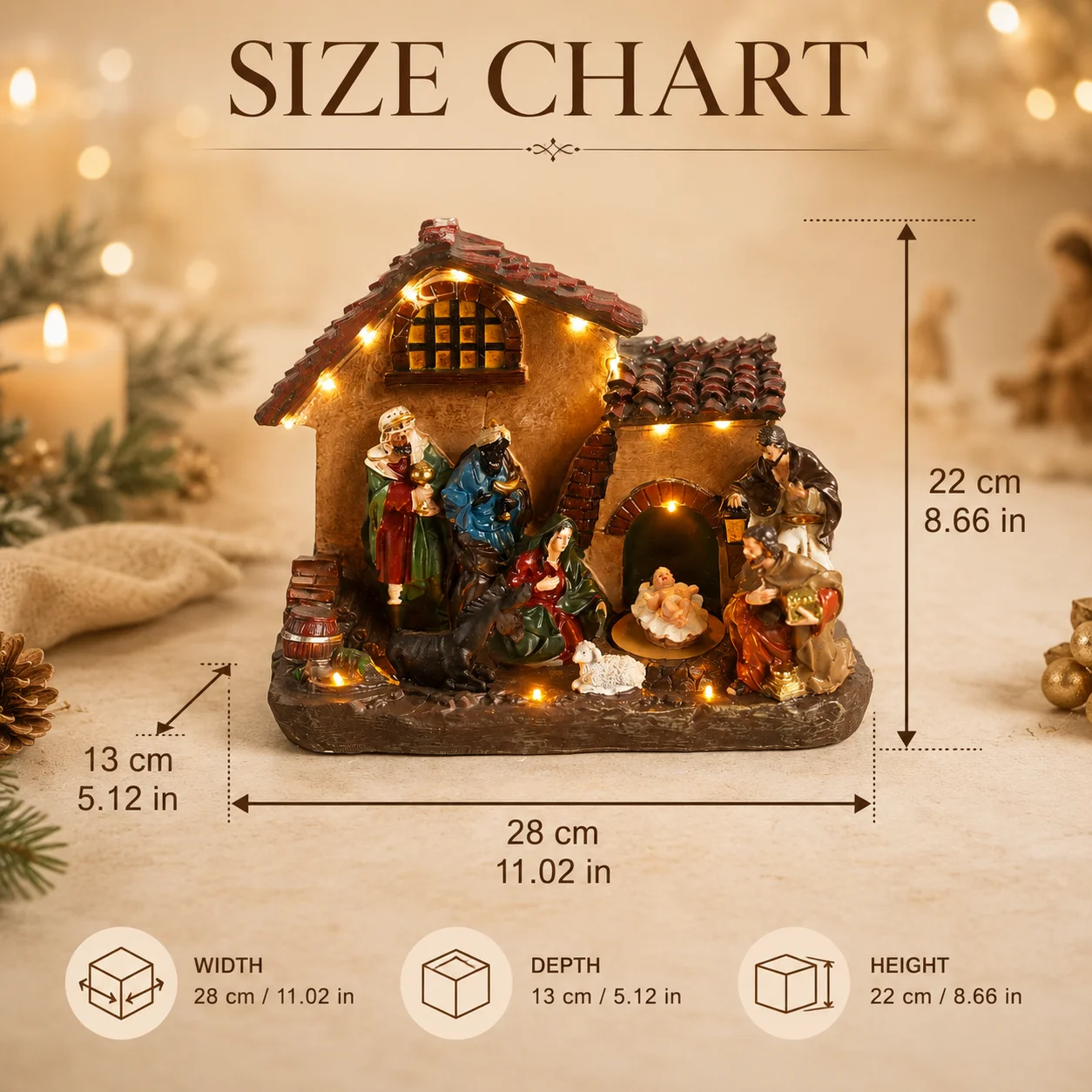 Nativity Scene Music Box with Rotating Baby Jesus, Lighted Tile-Roof Stone House, Holy Family & Kings 22cm