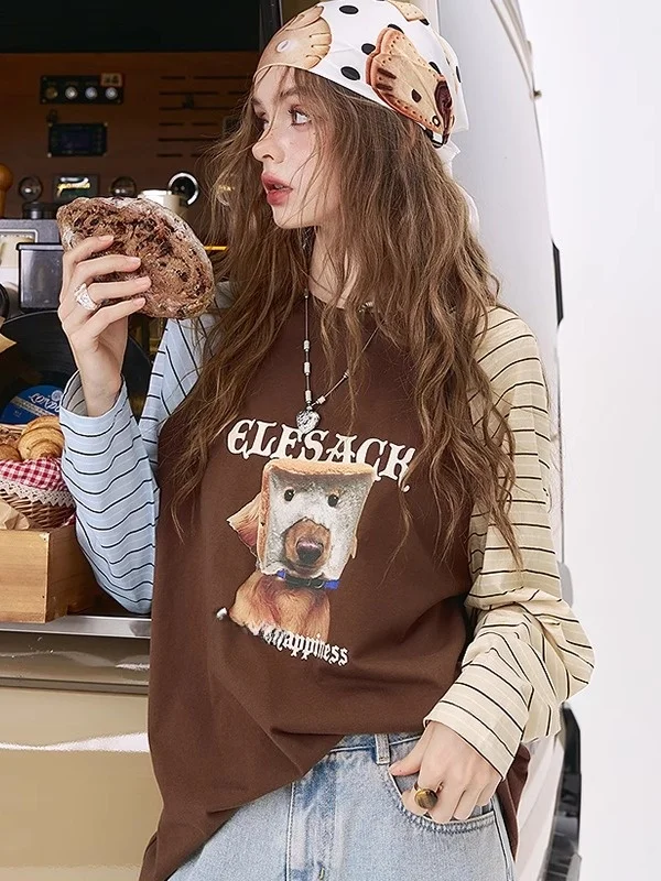 

Женская футболка Long Sve с овальным принтом в полоску, повседневный свободный крой, антивозрастной топ для раннего осеннего сезона, хлопок, полиэстер...