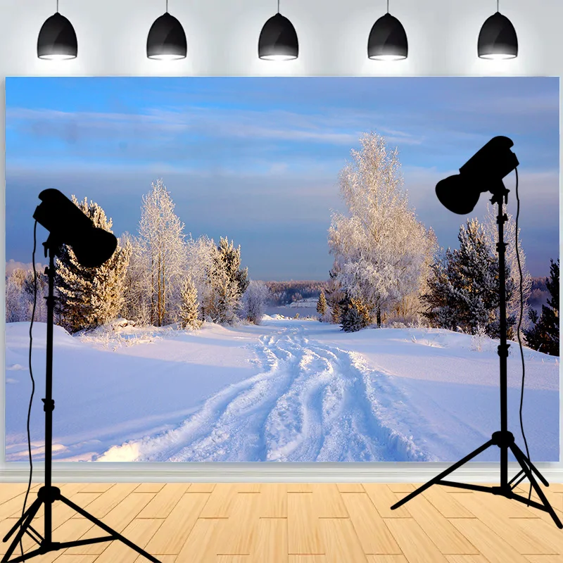 Snowflake Pine Forest Frozen Stream Photography Background Frost Snow Hill Winter Wonderland Studio Backdrops AM-04