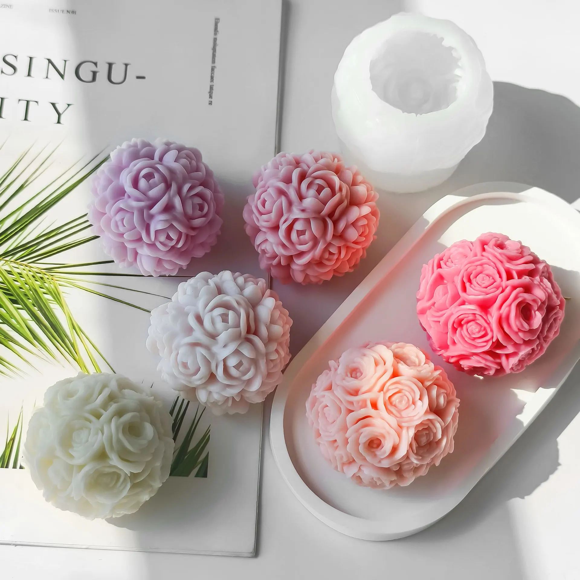 

3D Rose Ball Candle Silicone Mold Valentine's Day Handmade Soap Resin Casting Mold Creative Elegant Flower Candle Holder