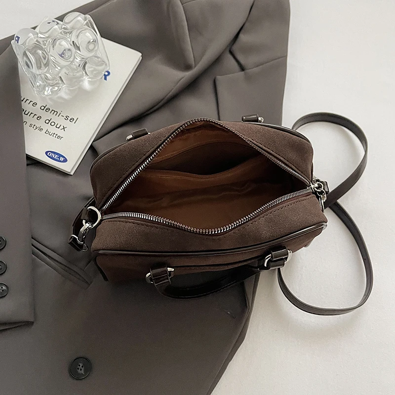 

Women Suede Boston Bag Adjustable Strap Crossbody Purse With Interior Pocket Handbag Zipper Clutch Purse for Work Travel