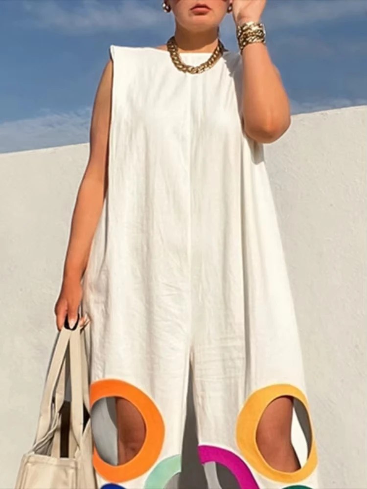Women Fashion Rainbow Hollow Wide Leg Jumpsuits New Summer Sleeveless Loose Urban Office Overalls With Shoulder Pad