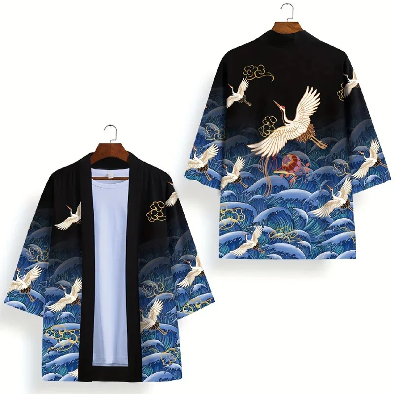 Animal Bird Patterns Crane Waves Asian Traditional Costume Print Kimono Men Women Yukata Haori Harajuku Cosplay Cardigan Costume