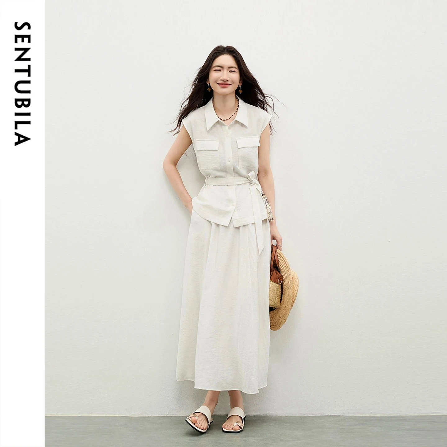 SENTUBILA Commute 2 Piece Set Women 2026 Detachable Belt Print Scarf Sleeveless Shirt Elastic Waist A-Line Skirt Sets 162ZA6193Z