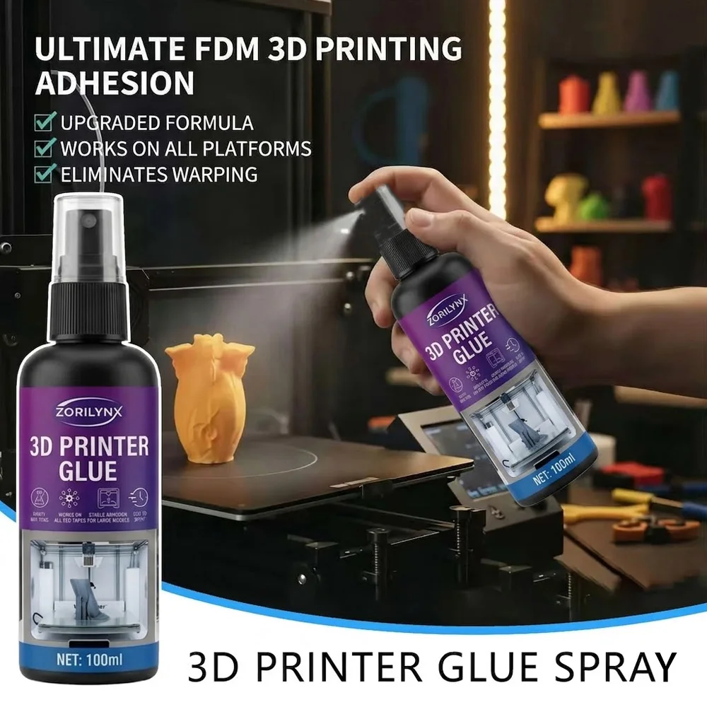 

100ml 3D Printer Glue Spray Stable Bed Adhesion for Large Models Anti Warping Liquid All Platforms Glass PEI Plate ZORILYNX