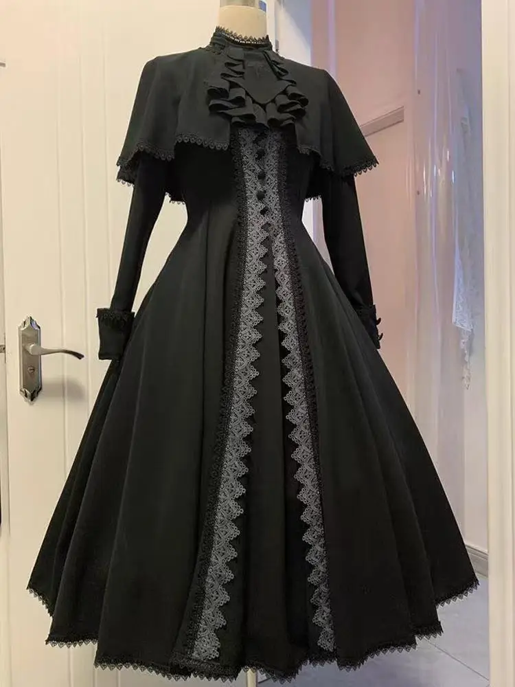 

Dark Black Lolita Dress Women's The Dark Ages Lace Edge Long Skirt Cloak Full Set Gothic Style Carnival Event Cosplay Costume