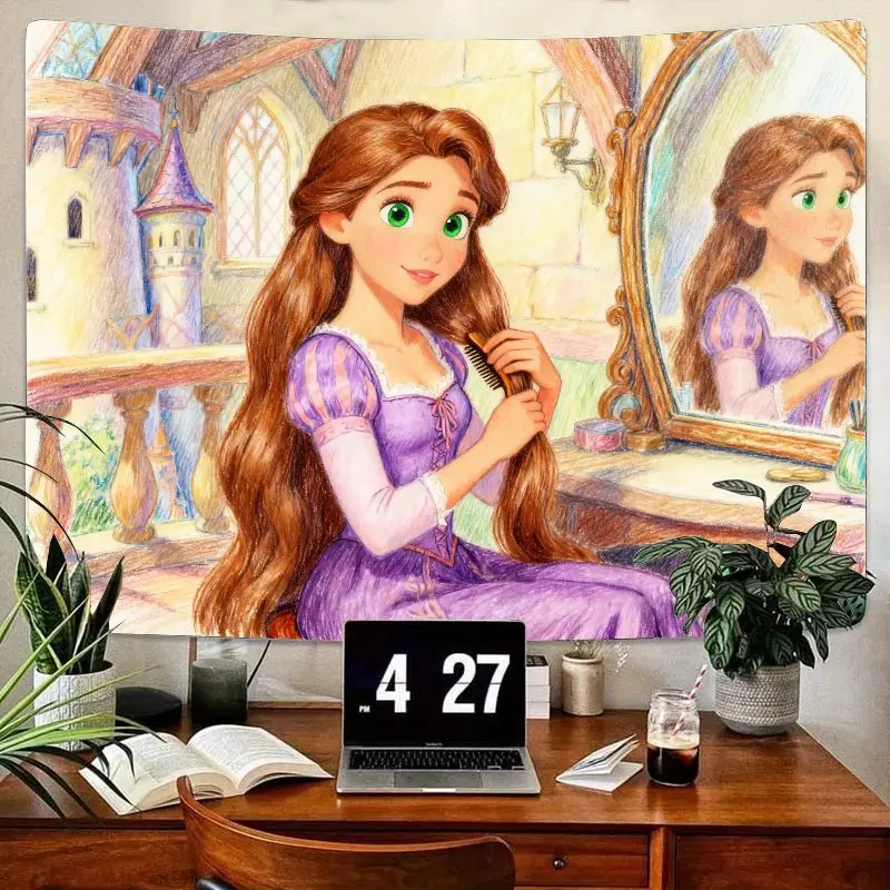 

1PC Disney Tangled Rapunzel Princess Tapestry, Cute Fairy Tale Girl Brushing Long Hair Wall Art for Bedroom Living Room Dorm Dec