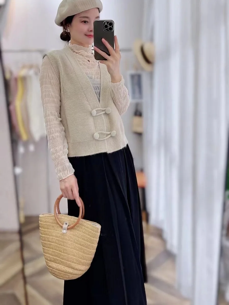 Vintage Chinese Style Women's Knitted Waistcoat Spring Autumn Fashion Button Loose V-Neck Office Lady Casual Sleeveless Vest