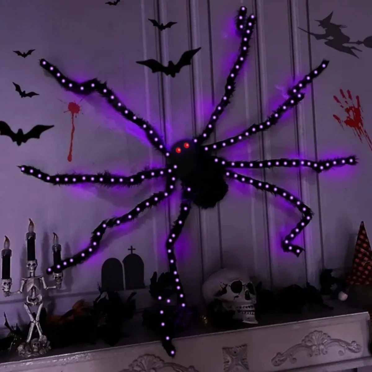 1Pack Halloween Spider with 144LED Copper Wire Lights Purple Light Waterproof Battery Powered For Home Outdoor Halloween Decor