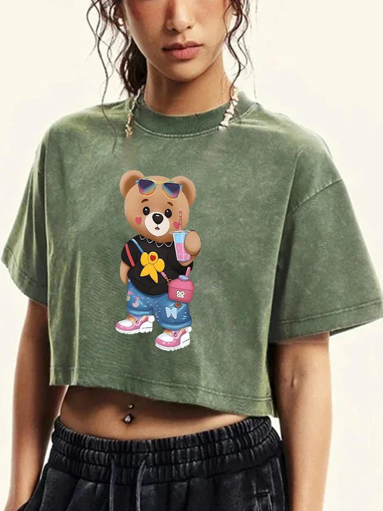 Bear Sister Drinking Beveragesprinting Women Wash Short Tshirt Fashion Cool Midriff-Baring T-Shirt Distress O-Neck Retro Clothes