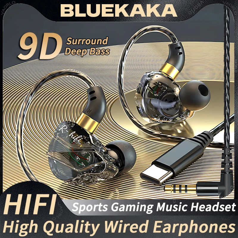 BLUEKAKA 3,5mm Jack tipo C enchufe auriculares con cable auriculares de graves HIFI auriculares intrauditivos Gamer auriculares manos libres para Samsung para iPhone
