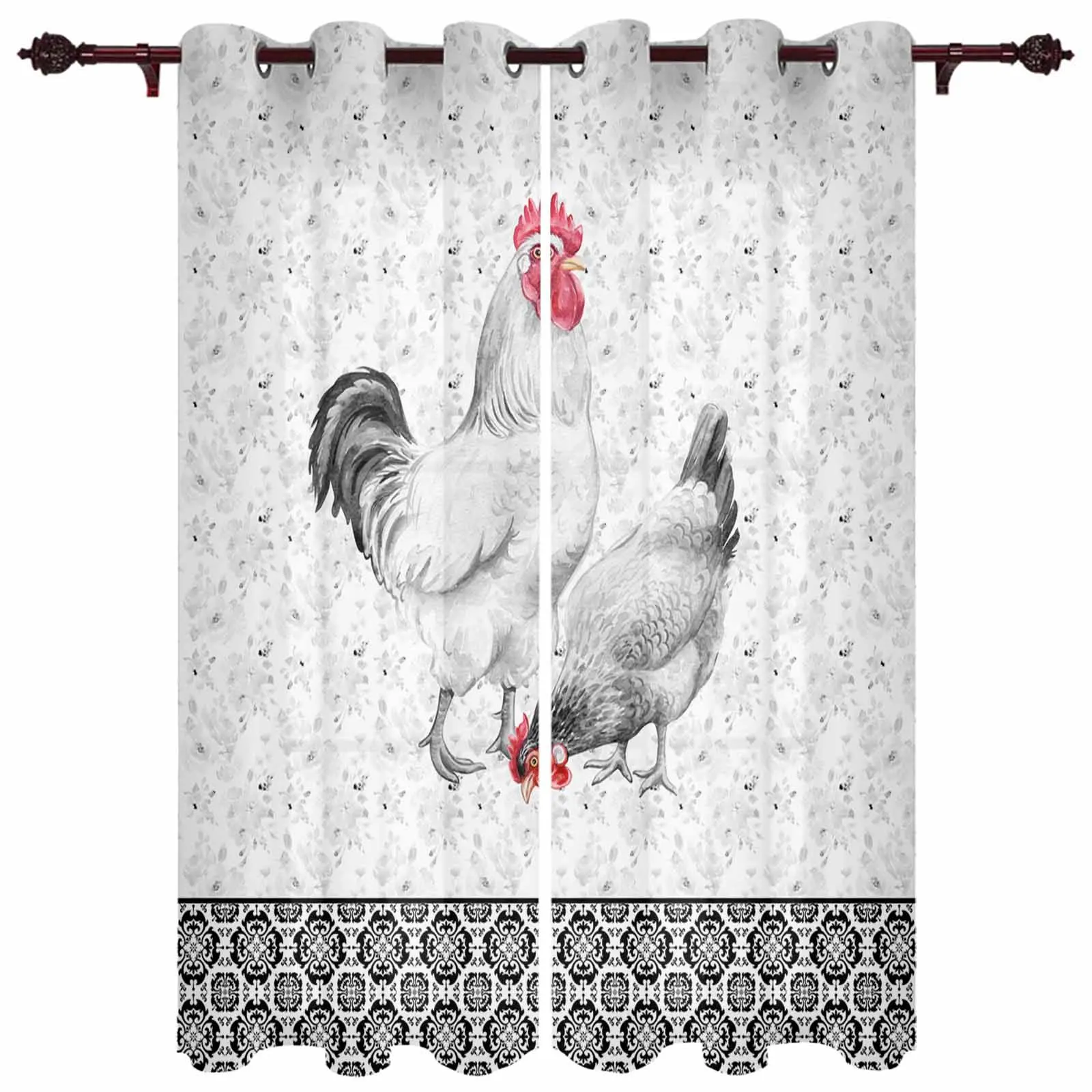 Retro Rural Farmhouse Rooster Hen Floral Black White Modern Curtains for Living Room Home Decor Hotel Drapes Window Treatments