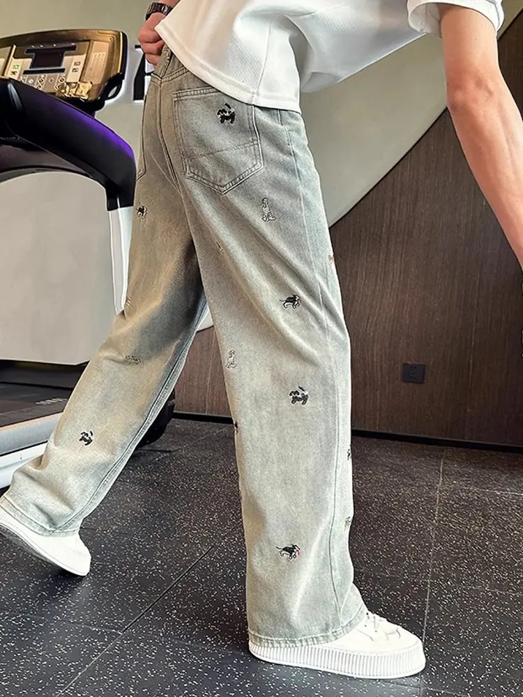 

Retro American Straight Leg Men's Jeans Spring Autumn Casual Loose Wide Leg Embroidered Trendy Long Pants Youth Fashion