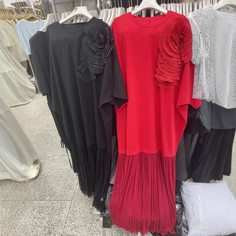 

Midi Dresses 3D Floral Dresses 4 Season European American Elegant Party Y2K Pleated Lace Patchwork Dark A-line Loose Dresses New