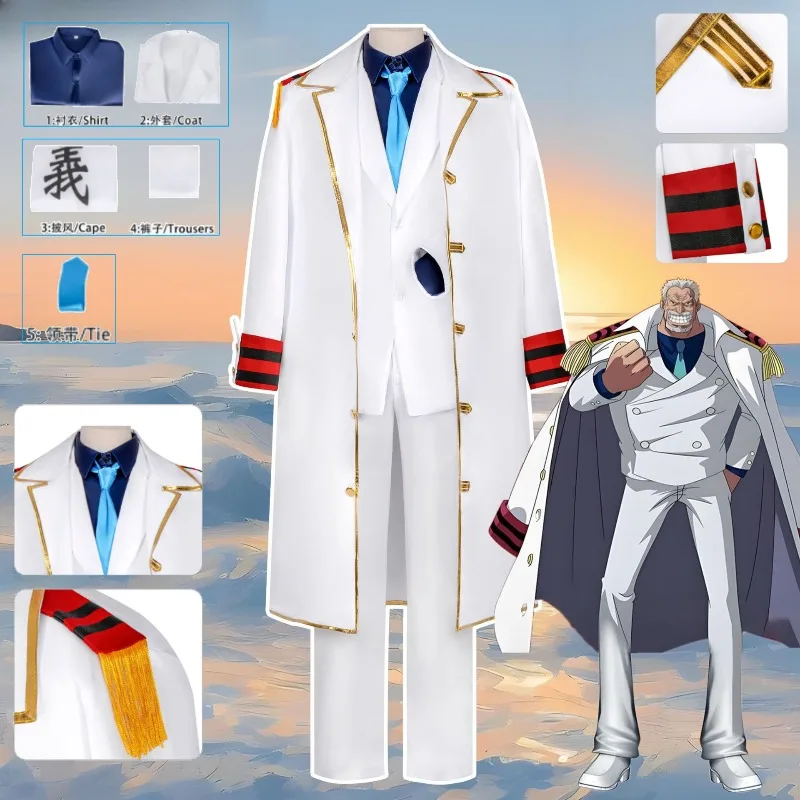 

Hero of The Marines Garp Cosplay Costume Vice Admiral White Uniform Full Set with Fur Collar Coat for Men Halloween