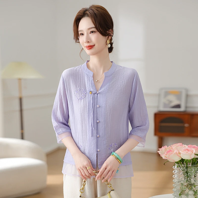 

New Chinese Sle Mom Spring Faion Small irt Set 2025 New Middle-Aged Women's Summer Seven-Quarter Sve irt Top