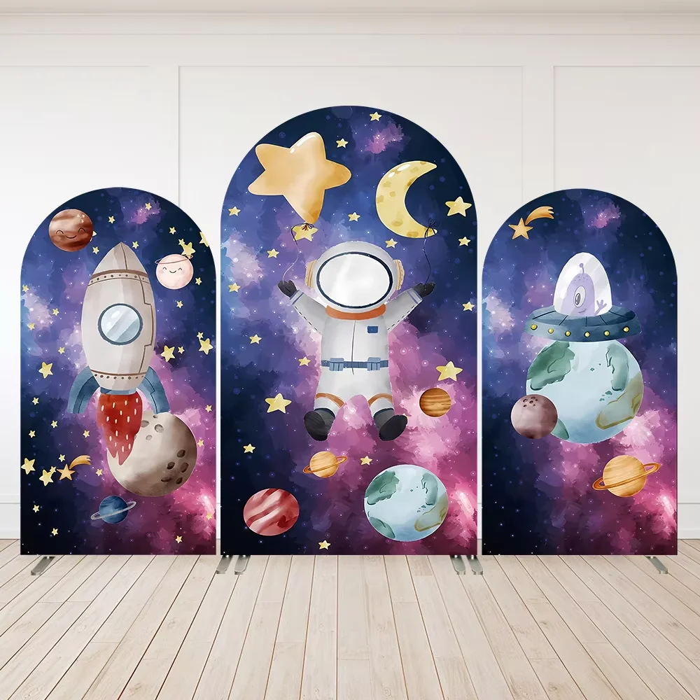 Mehofond صاروخ الفضاء قوس خلفية الصبي عيد ميلاد رائد الفضاء ديكور القمر نجوم كوكب استحمام الطفل غطاء مقوس خلفية على الوجهين