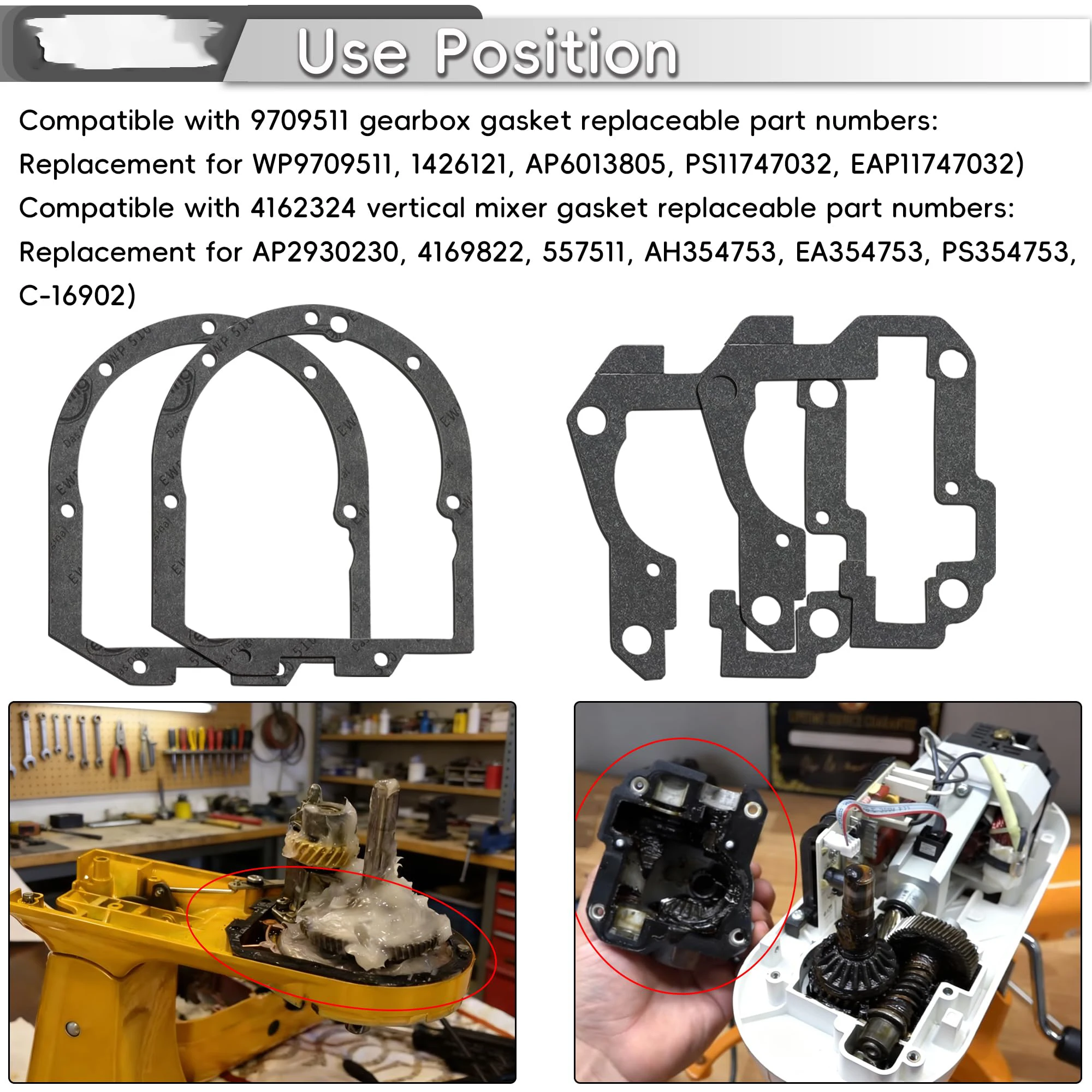 2-pack gearbox housing gaskets, compatible with KitchenAid gearbox sealing gaskets, models K45, K5, KSM75, KSM90, and KSM150.