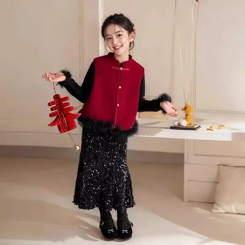 

2026 Creative Children's New Year's Clothing 3-Piece Set Girls' New Chinese Red New Year Clothes Vest Princess Skirt Set LI643
