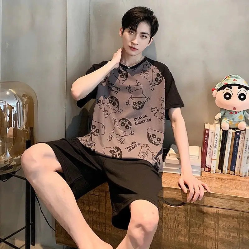 Anime Crayon Shin-Chan Men's Summer Sleepwear Short Sleeve Lightweight Plus Size Cartoon Home Comforter Set Students Teenagers