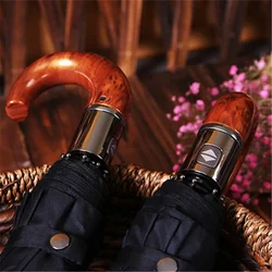 Windproof British Style Umbrella Automatic Rain Wood Handle Business Men's Gift Large Umbrellas Women 3Fold Quality Male Parasol