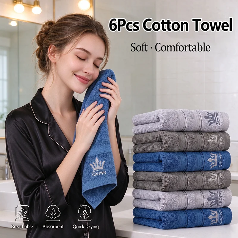 6Pcs Premium Cotton Towel Set Embroidered Soft Absorbent Hand Towel 35x75cm Quick Drying Facecloth For Home Hotel Daily Use