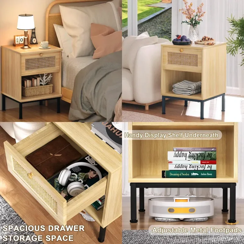 Modern Rattan Nightstand with Drawers Square Edge Small Storage Side Table for Bedroom Simple Design