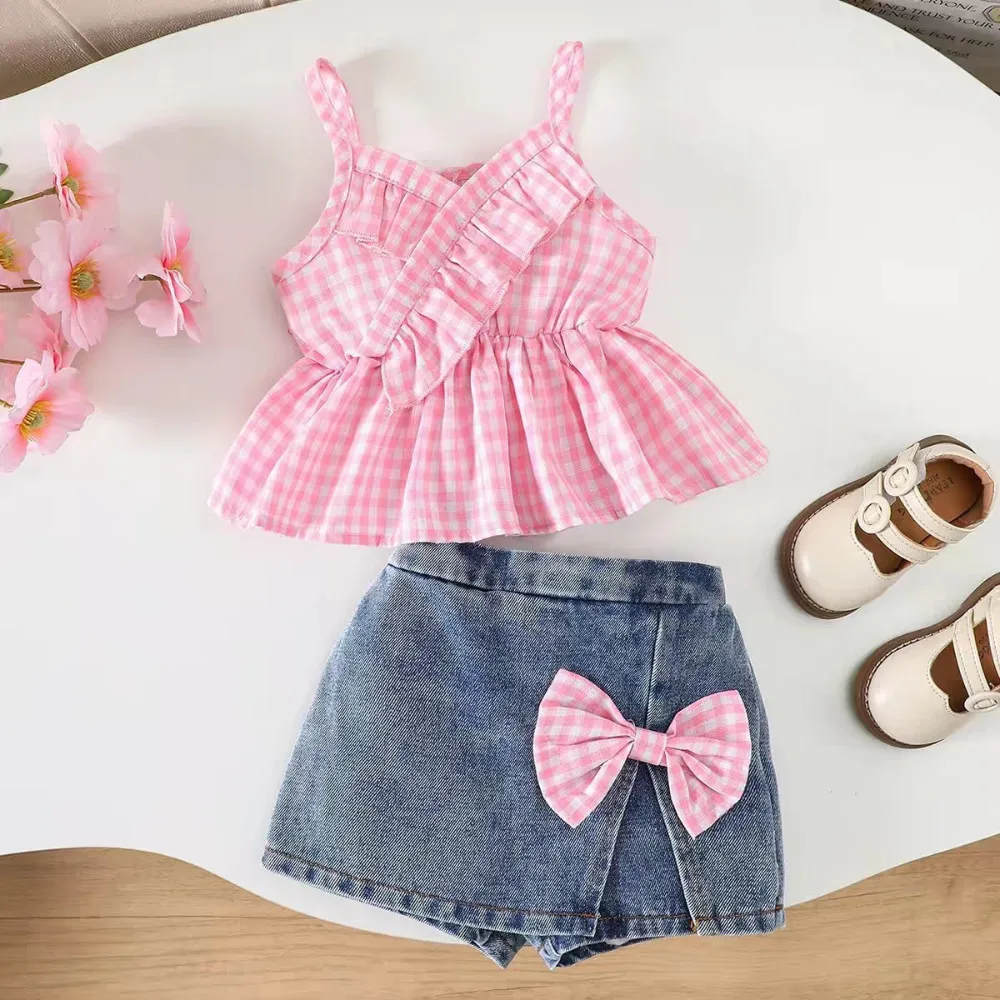 Summer Leisure Vacation Style Pink and White Checkered Camisole Lace Top+bow Denim Shorts Two-piece Set Korean Version