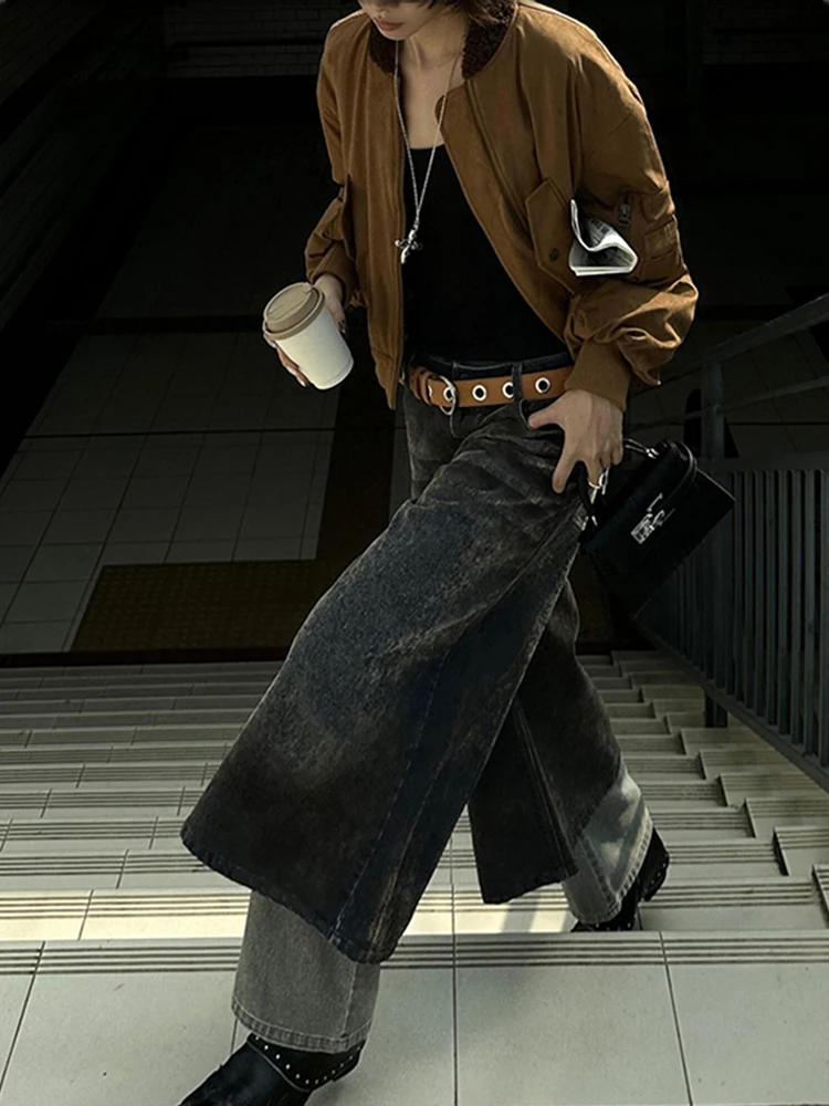 النمط الأمريكي الرجعية وهمية قطعتين الجينز المرأة الخريف والشتاء جديد شارع العليا واسعة الساق طبقة مزدوجة الربط السراويل #4