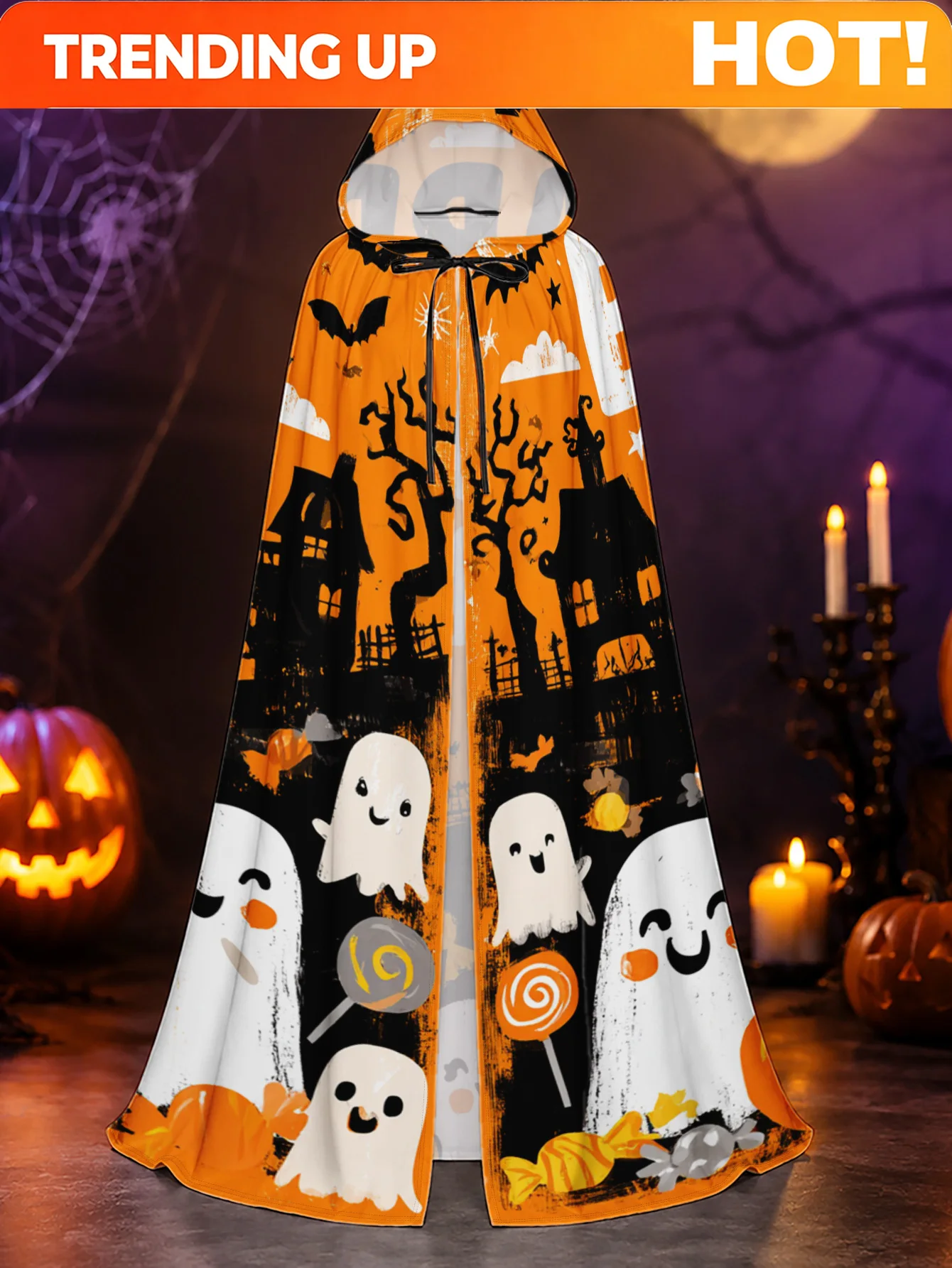 Customization 1pc, Hooded Witch Cape Featuring For Halloween Ghosts And Pumpkins Pattern, Costume Robe For Men And Women, Perfec