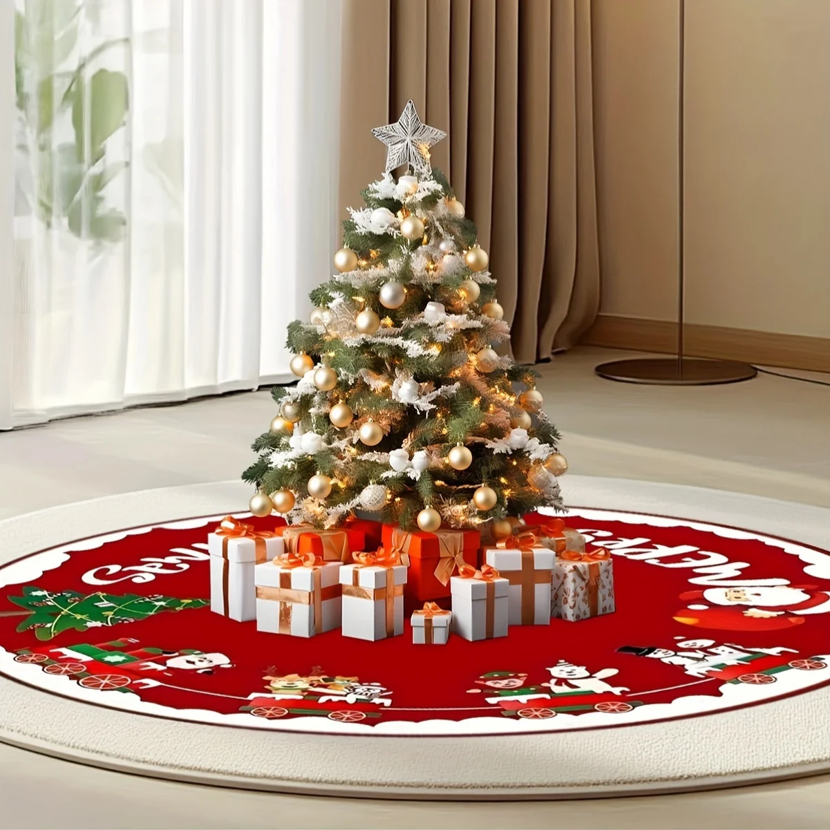 VIKAMA Christmas Train Tree Skirt,Round Non‑Slip Floor Mat,Santa Reindeer Snowman Elf Bear Xmas Carpet for Holiday Home Decor