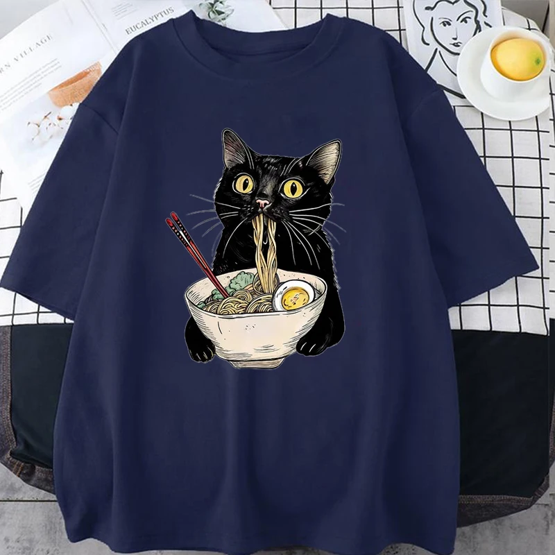 Noodle Ramen Cat T-Shirt Foodie Lover T Shirts Black Cat Noodle T-Shirts Retro Casual Short Sleeve Tshirt for Men Women Clothes