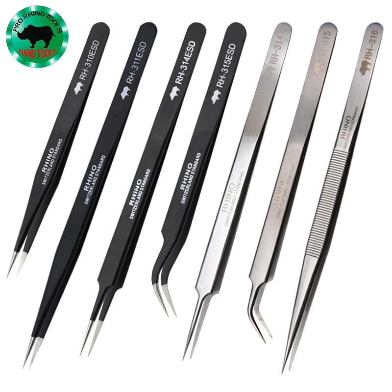 Pack of 7 Pcs Japan Pro RHINO Tools Lengthened Style Tweezers Anti-static High-precision Super Hard for Repairing Watch Mobile