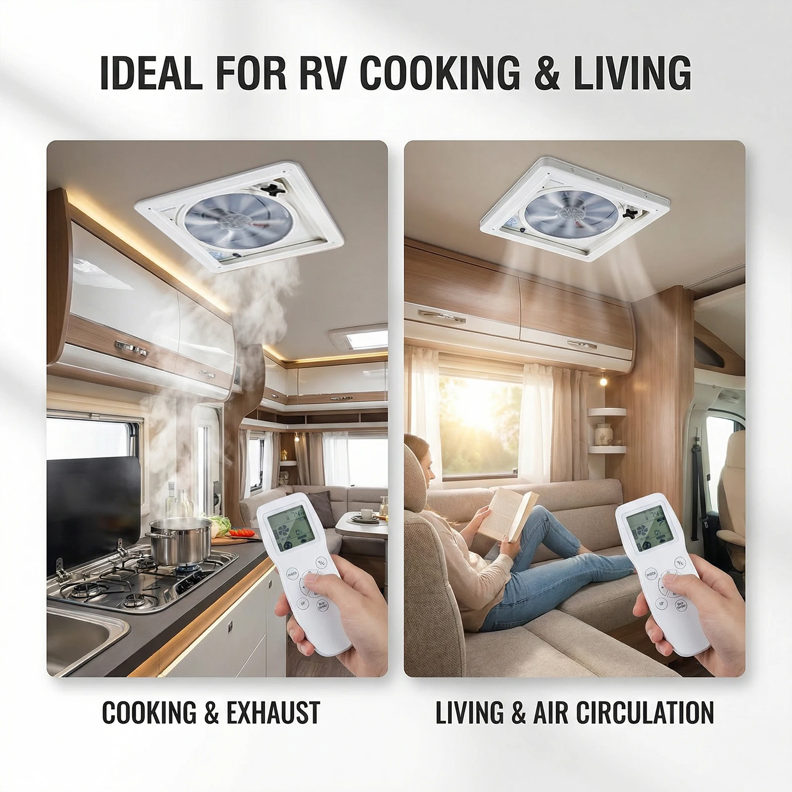 Ventilador de escape reversible Podofo de 40*40cm y 10 velocidades para caravanas, con control remoto LCD, ventilador de techo para RV de 12V con sensor inteligente de lluvia para campamentos.