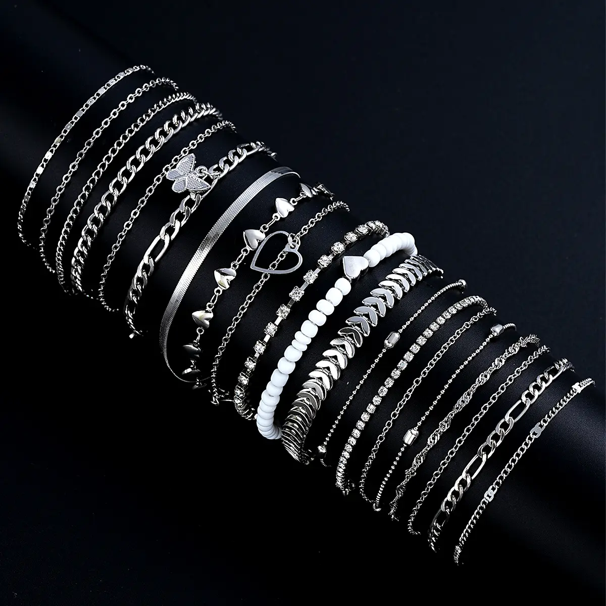 19 pçs/set novo design prata cor tornozeleira conjuntos para mulheres moda pérola borboleta coração cristal pé corrente versátil jóias diárias