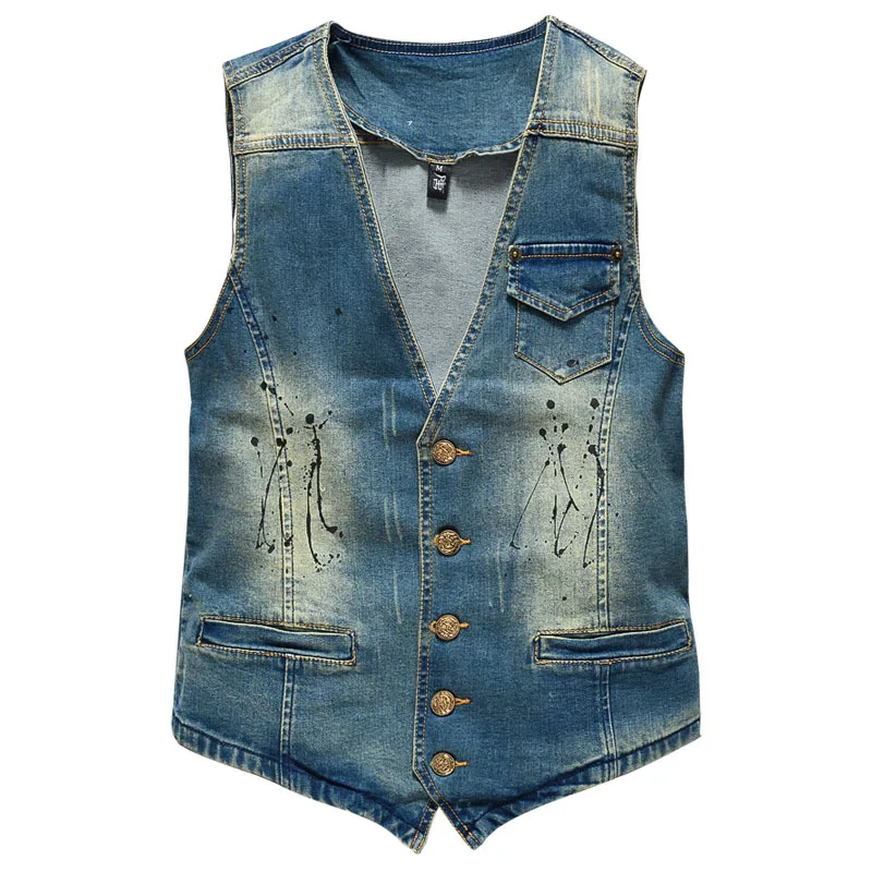 Spring Autumn New Fashion Men's V-nevk Splashed Ink Vintage Blue Sleeveless Jean Jacket Casual Trendy Denim Vest Coat Streetwear
