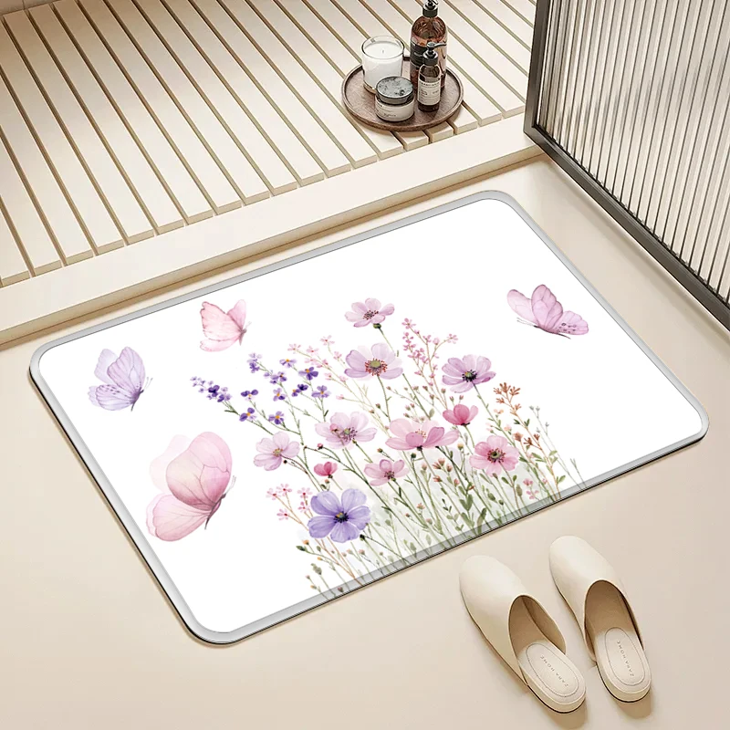 

Pink Purple Flower Butterfly Doormat Non-Slip Floor Mat Home Entrance Door Rug Watercolor Style Decor Kitchen Bathroom