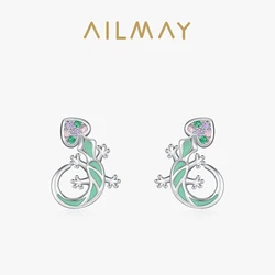 Ailmay 925 Sterling Silver Vintage Personality Lizard Animal Rainbow CZ Stud Earrings For Women Girls Party Accessories Jewelry