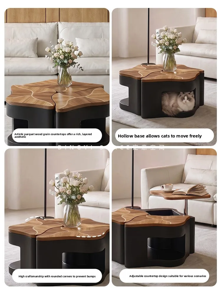 C13 - mid-century modern small apartment living room home new adjustable height mobile solid wood coffee table