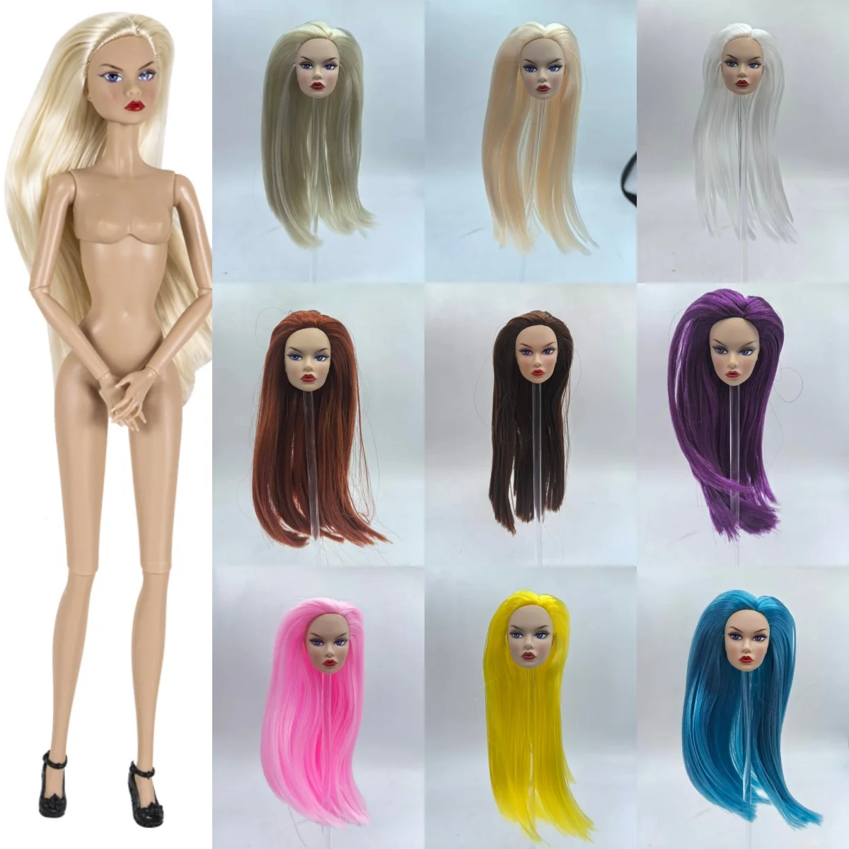 1/6 Supermodel Doll Head Parts Coloured Hair Fashion Normal Skin With Make-up Cool Face OB Head Purple Eye/Red Lips DIY Dress Up