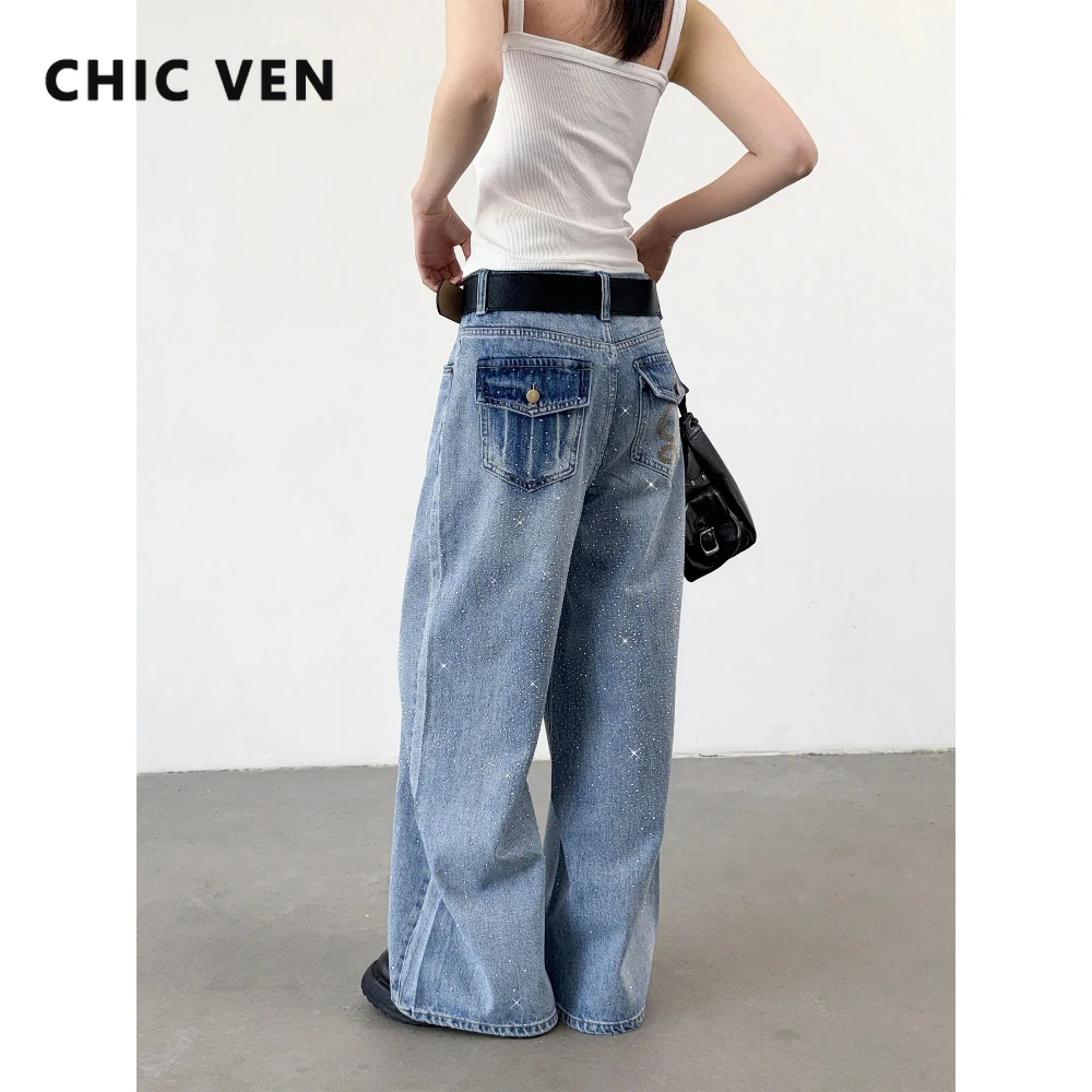 CHIC VEN Korean Women Jeans Blue Loose Design Hotfix Rhinestone Ladies Straight Leg Denim Pants Girl Trousers Spring Autumn 2026