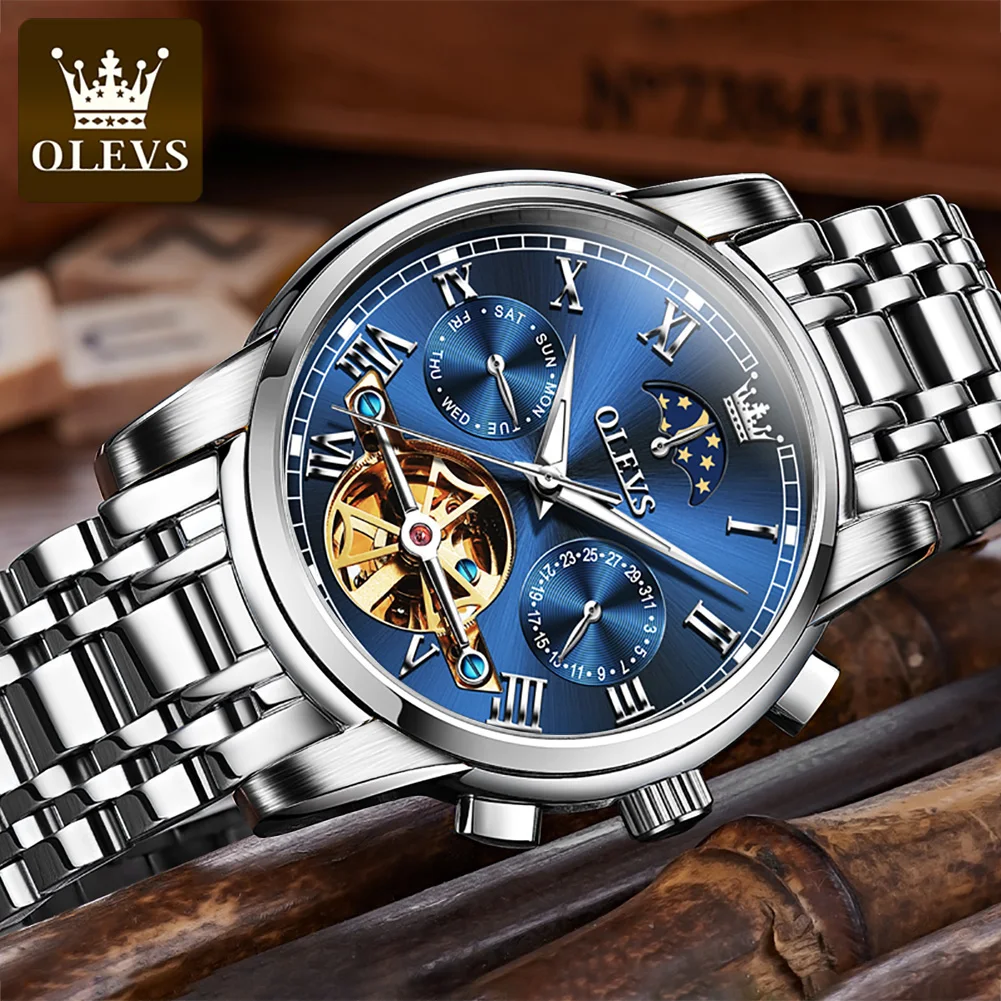 OLEVS 6617 Orologio meccanico classico da uomo Orologio da lavoro impermeabile con cinturino in acciaio inossidabile Orologio impermeabile sole e luna 30M