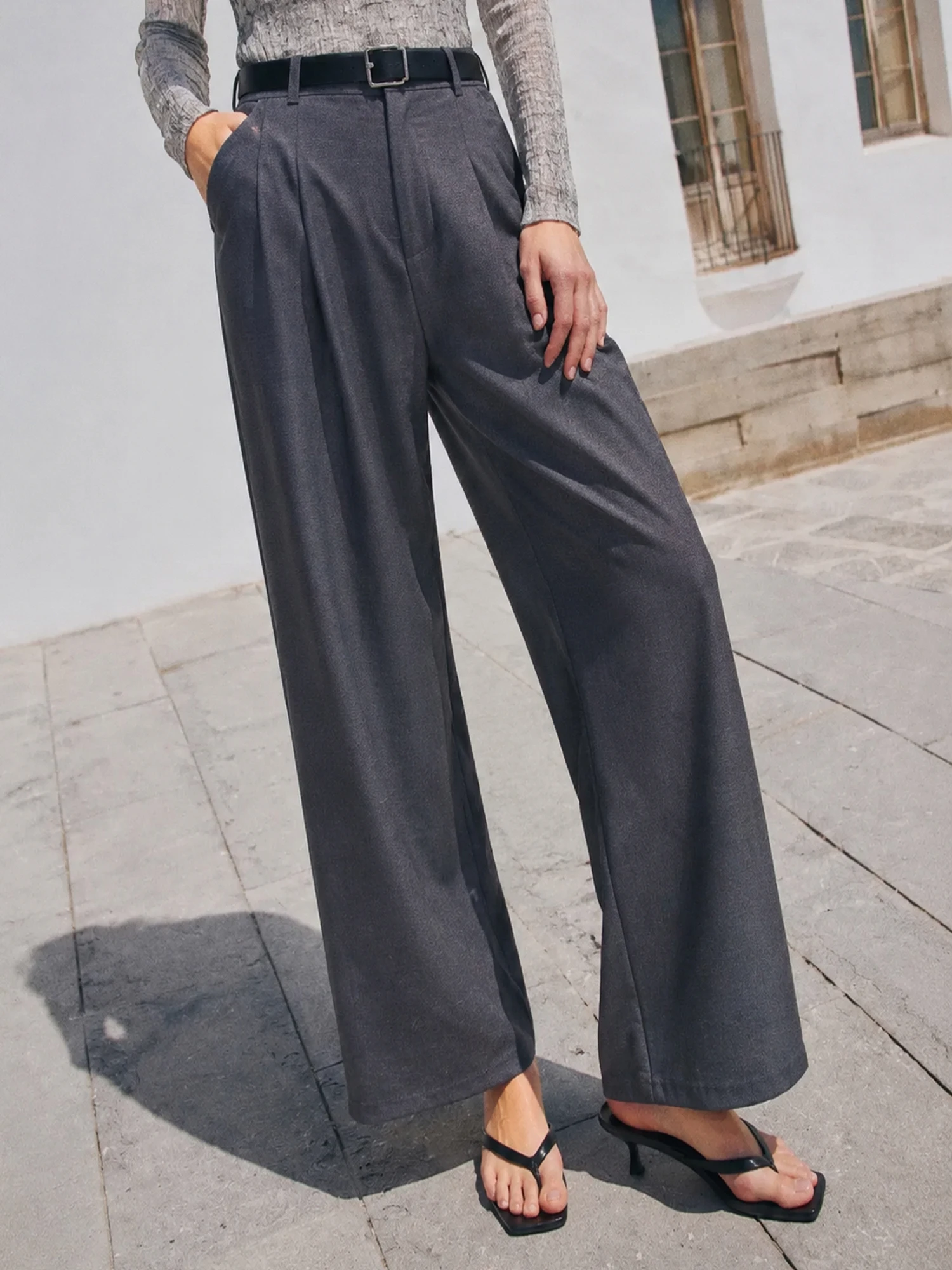 Comfortable Straight Leg Wide Leg Suit Pants for Women Anti-Wrinkle Double Pleat Casual Style Natural Waist Zipper Closure