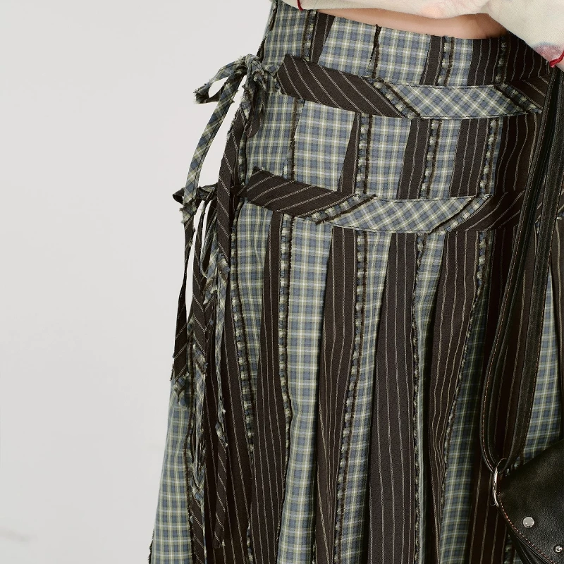 Vintage Design Plaid Splicing Pleated Women's Long Skirt 2025 Autumn Winter New Sweet Cool Loose Versatile Lace-up Skirts Ladies