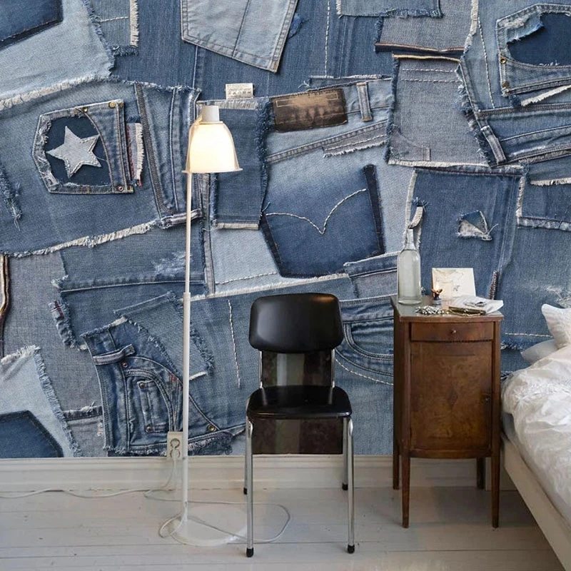 Customized Wallpaper Modern European Retro Jeans Denim Fabric Creative Mural 3D Cafe KTV Bar restaurant Living room Hotel photo