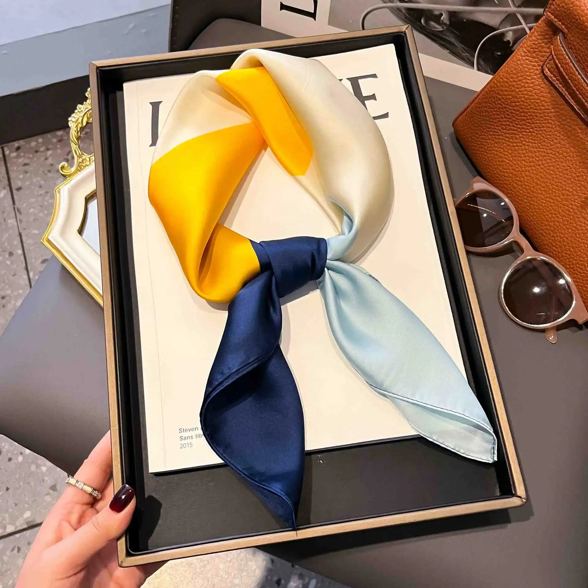 Women New 70x70cm Small Square Scarves Retro French Advanced Korean Printed Professional Simulated Silk Scarf Party Gift