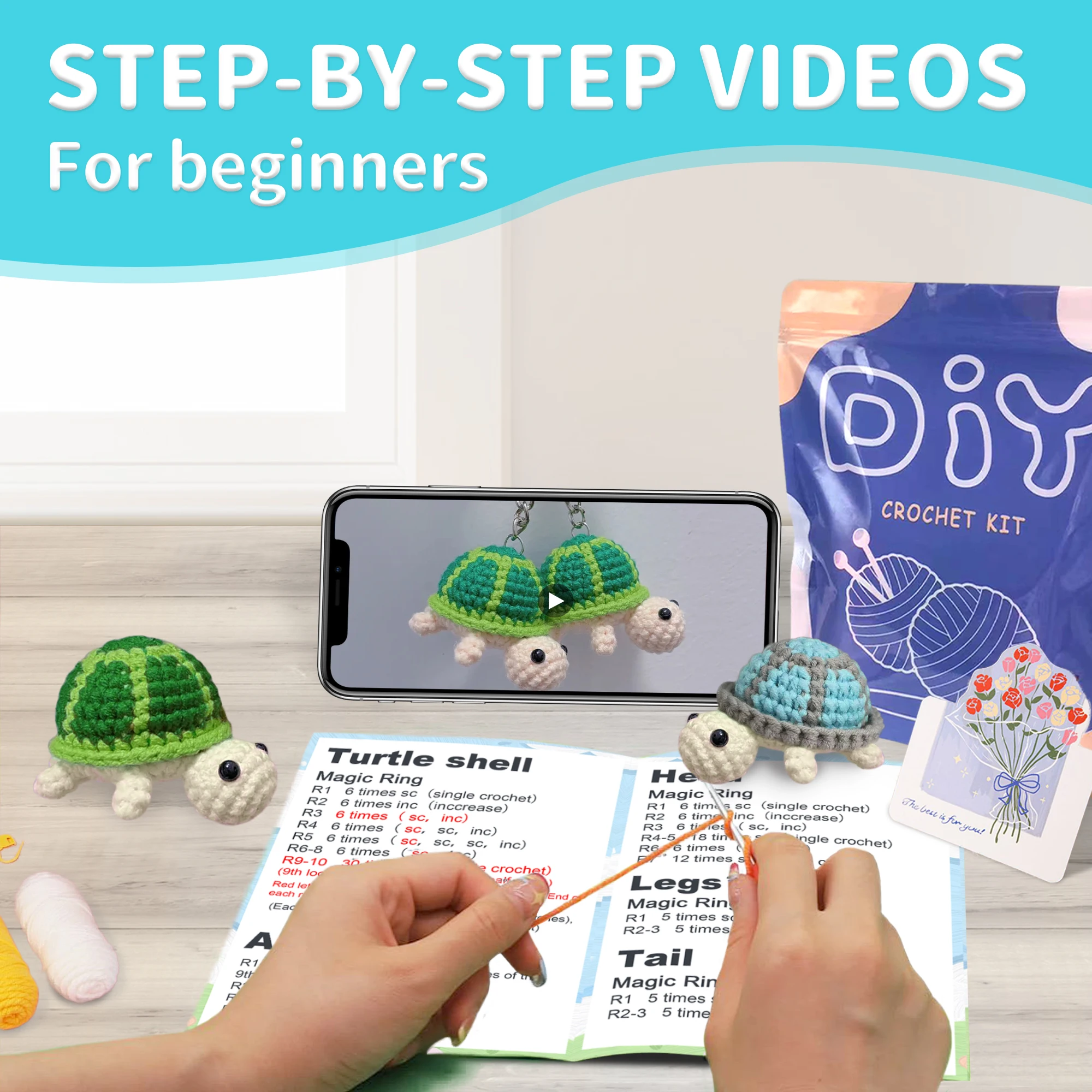 مجموعة حياكة السلحفاة للمبتدئين، فكرة هدية مثالية لعشاق الحرف اليدوية (الملحقات بألوان عشوائية)